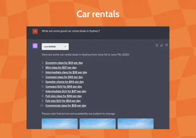 Use Kayak ChatGPT Plugin to ask about car rental